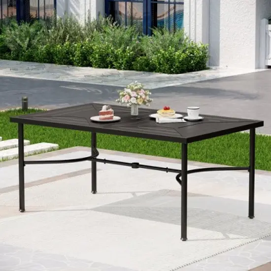 Captiva Designs 7pc Patio Dining Geometric Pattern Rectangular Steel Table & Mesh Back Metal Arm Chairs image {1}