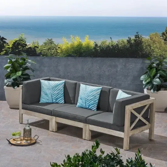 GDFStudio Keith 90.75" Outdoor Acacia Wood 3 Seater Sofa with Cushions image {11}