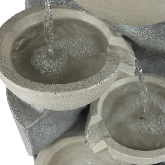 LuxenHome Modern Gray Cement Tiered Bowls Outdoor Fountain with Lights image {7}