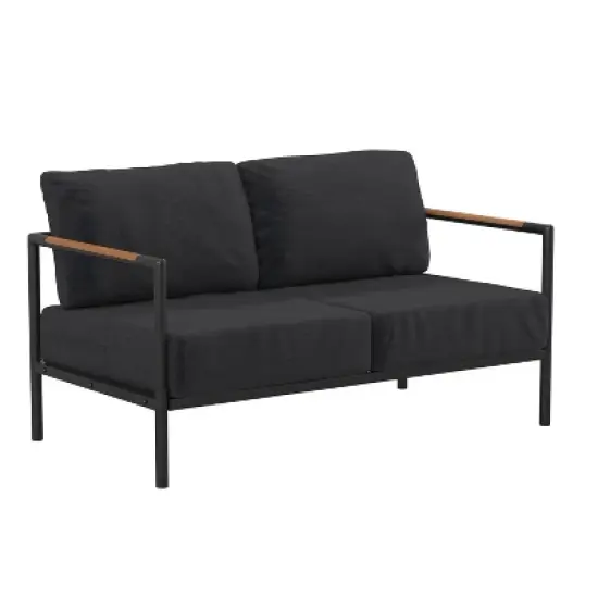 Emma and Oliver Aluminum Frame Loveseat with Teak Arm Accents and Plush Cushions image {10}