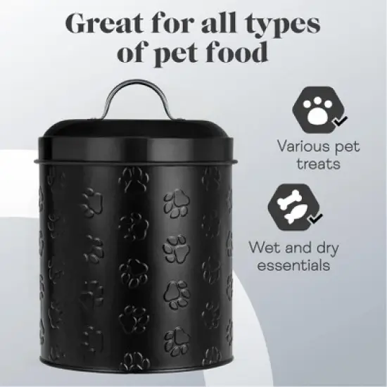 Amici Pet Puppy Paws Black Metal Canister with Embossed Paw Design - Large 140 oz Airtight Food Storage Jar for Wet or Dry Pet Foods - (8" H x 6" W) image {2}