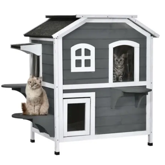 PawHut Wooden 2-Story Outdoor Cat House, Feral Cat Shelter Kitten Condo with Escape Door, Openable Asphalt Roof and 4 Platforms image {7}