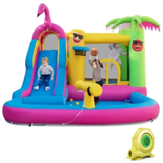 Costway Tropical Inflatable Bounce Castle for Backyard, Ocean Ball & 735W Blower Include image {9}