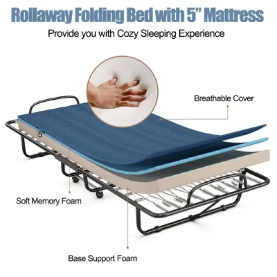 Costway Folding Bed with Memory Foam Mattress Portable Rollaway Guest Cot Memory Foam Navy Made in Ital image {4}