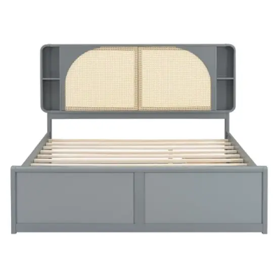 Queen Size Bed Frame with Trundle, Wood Platform Bed with Rattan Headboard & 2 Drawers, Wooden Slats Support, No Box Spring Required image {6}