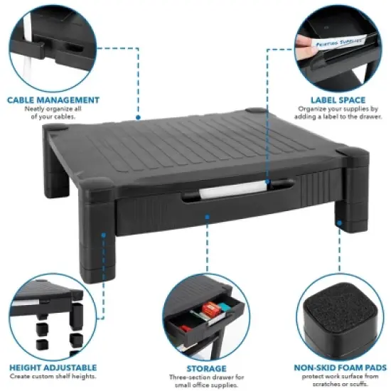 Mount-It! Monitor Riser with Drawer | Height Adjustable Monitor Stand with Sliding Three-Row Storage | Riser for Computer Screen, Printer, or Laptop image {3}