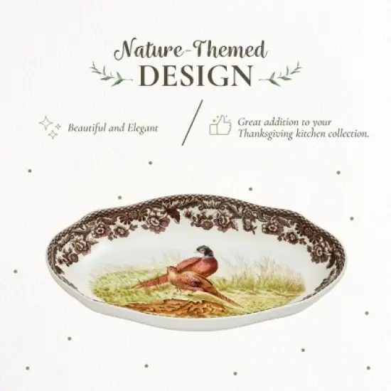 Spode Woodland Pheasant Pickle Dish - 8.5" Porcelain Tray with British Flowers Border & Scalloped Edge, Microwave, Dishwasher, Oven & Freezer Safe image {2}