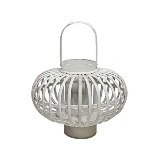 Essential Decor & Beyond 6.8" White Wash Bamboo Glass Candle Holder Tabletop Lantern With Handle image {4}