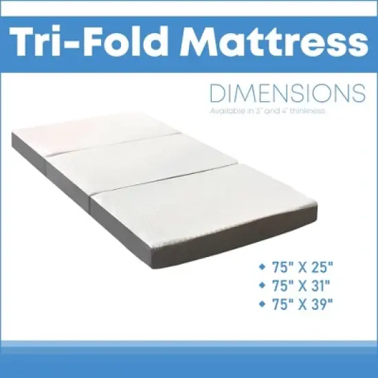 Continental Sleep 3-Inch Portable Tri Folding Gel Memory Foam Mattress | Breathable Mesh Sides with Ultra Soft, Removable and Washable Cover, 25". image {4}