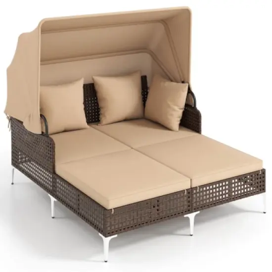 Costway Outdoor Rattan Double Daybed with  Retractable Canopy & Seat Back Cushions image {9}