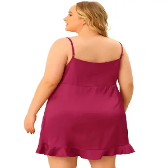 Agnes Orinda Women's Plus Size Satin Ruffle Trim Lingerie V Neck Sleepwear Slips Pajamas Nightgown image {3}