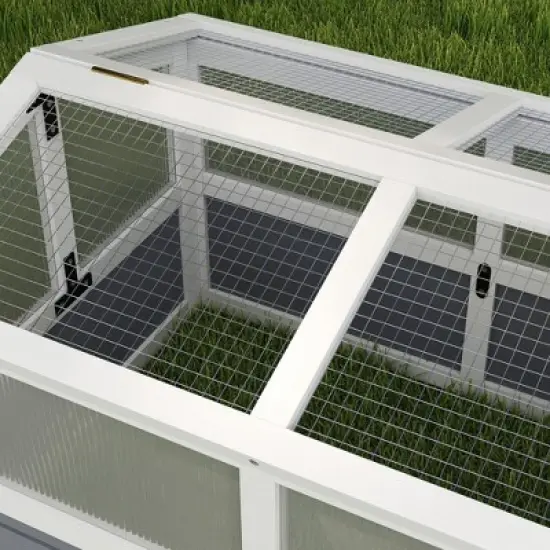 PawHut Tortoise Habitat Bottomless Design, Wooden Tortoise House Outdoor with Doors, PC Sun Panel Windows, for Small Animals, Rabbits, Light Gray image {5}