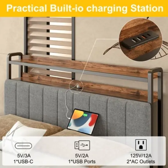 VECELO Full/Queen Upholstered Bed Frame with Storage End of Bed Bench, Platform Bed with Headboard & Charging Station, LED Lights, Gray image {6}