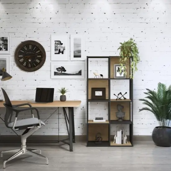 Lavish Home Freestanding 4-Tier Cube Storage Bookshelf &ndash; Industrial Wood and Metal Shelving, Oak/Black image {6}