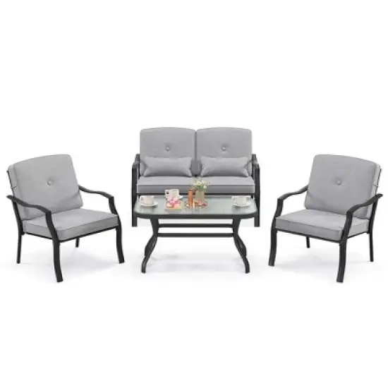 Costway 4 PCS Patio Furniture Set Outdoor Conversation Sofa Tempered Glass Coffee Table image {3}