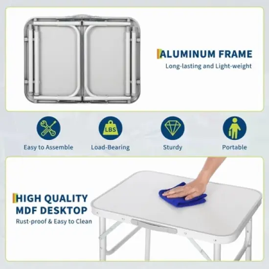 Small Folding Table, Adjustable Height Aluminum Frame Foldable Camping Table with Carrying Handle, Lightweight and Portable image {3}