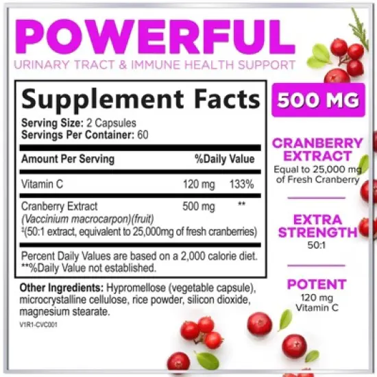 Cranberry Extract Pills 25000mg + Vitamin C Extra Strength Urinary Tract Support - 60 Capsules;120 Capsules image {1}
