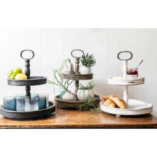 2 Tier 15" x 18.5" Distressed Wood Tray with Metal Handle Black - Storied Home image {4}