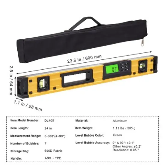 VEVOR Magnetic Torpedo Level, 600mm, Backlit Screen Mechanical Bubble Vials Ruler for 0-360 Degree, Gravity Sensor Aluminum Alloy Leveler, Yellow image {7}