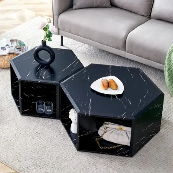 Syemin End Tables, Modern Hexagonal Coffee Table with Storage Space, Suitable for Living Room, Study Room, Bedroom, Black, 25"*21.6"*14" image {1}