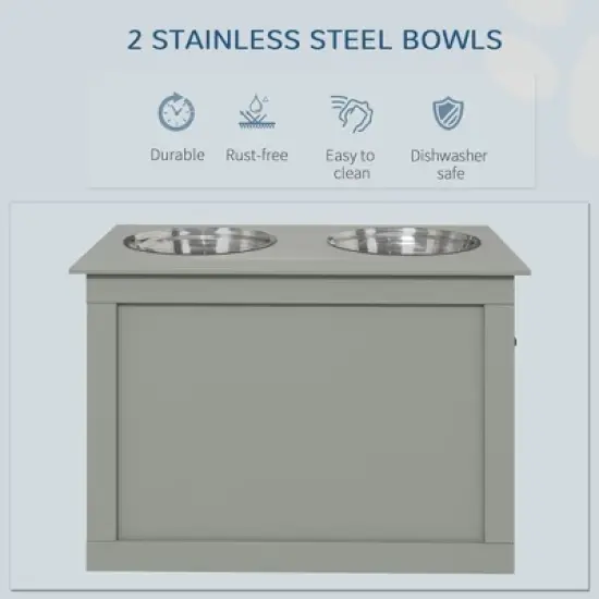 Gulches PawHut Raised Pet Feeding Station with Storage & Stainless Steel Bowls for Large Dogs - Gray image {7}