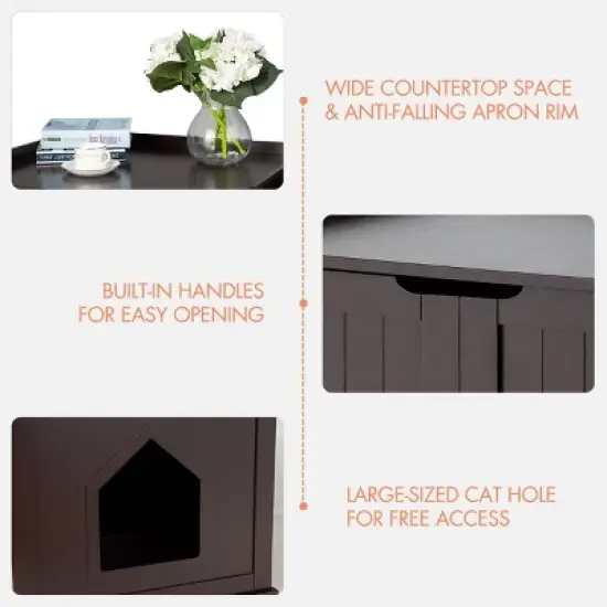 Tangkula Cat House Litter Box Pet Cat Washroom Nightstand Cat Storage Bench Coffee/Black image {8}