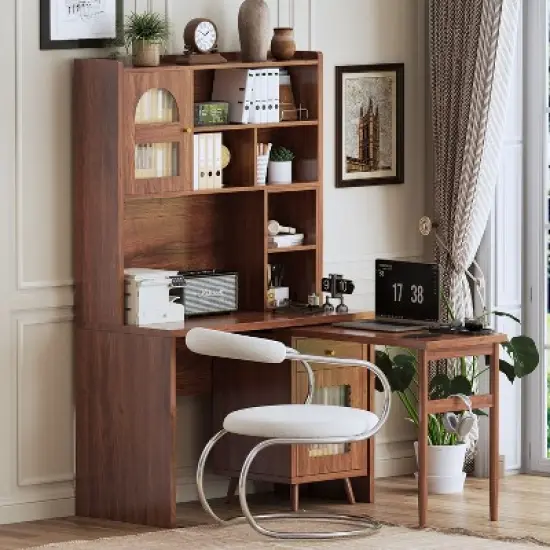 Kumasinova 43" Computer Desk with Drawers&Cabinets,Office Desk with 90&deg; Swivel Top,Standing Desk with Shelves,Gaming Desk for Living/Bed Room image {5}