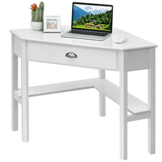 Costway Triangle Computer Desk Corner Office Desk Laptop Table w/ Drawer Shelves Rustic White image {8}