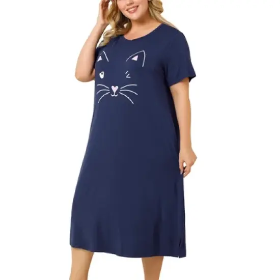 Agnes Orinda Womens Plus Size Short Sleeve Cute Cat Print Pockets Nightgown image {12}