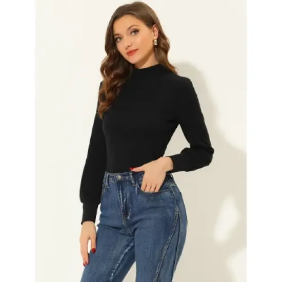 Allegra K Women's Mock Neck Puff Long Sleeve Slim Fit Knit Blouse image {2}