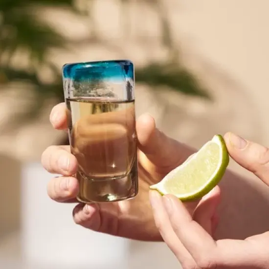 Segunda Vida Twine Primavera Colorful Shot Glasses - Tall Shot Glasses with Blue Rim - 100% Recycled Glasses 1oz Set of 4 image {5}