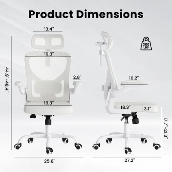 GlasFlength Task and Office Chairs with Support Armrest，Ergonomic, Adjustable，Computer Chair and Gaming Chair, White, 25.6"*27.2"*48.4" image {2}