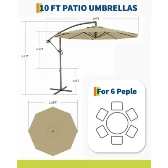 10FT Cantilever Umbrella with Cross Base - 2-6 People, Outdoor Offset Design with Crank Lift, Fade-Resistant Canopy for Deck Pool Garden Backyard image {2}