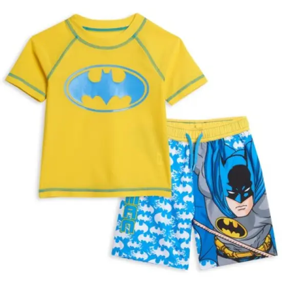 DC Comics Justice League Batman Toddler Boys Rash Guard and Swim Trunks Outfit Set image {8}