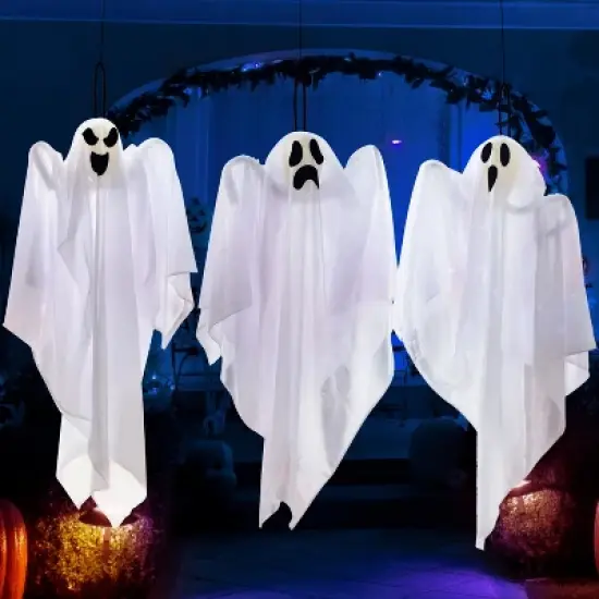 Joyfy 3Pcs Halloween Hanging Ghosts Outdoor Decorations, 27.5in White Flying Ghost Halloween Party Decor for Front Yard Patio Lawn Garden Trees image {6}