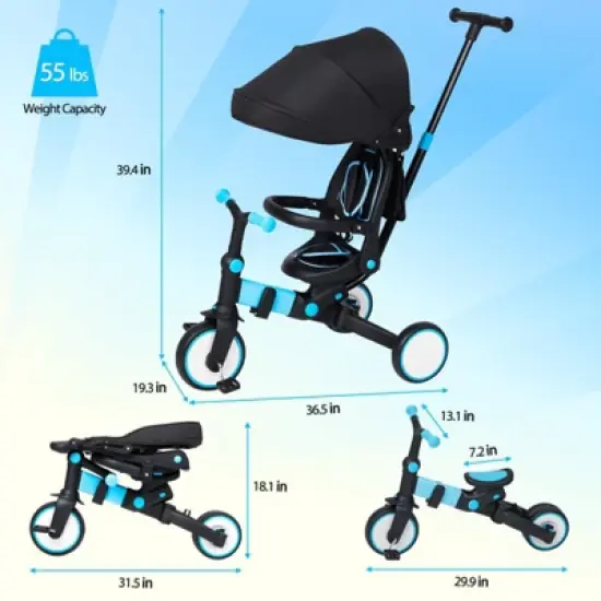 7-in-1 Baby Tricycle, Foldable Toddler Tricycle, Toddler Trike with Adjustable Parent Push Bar image {6}