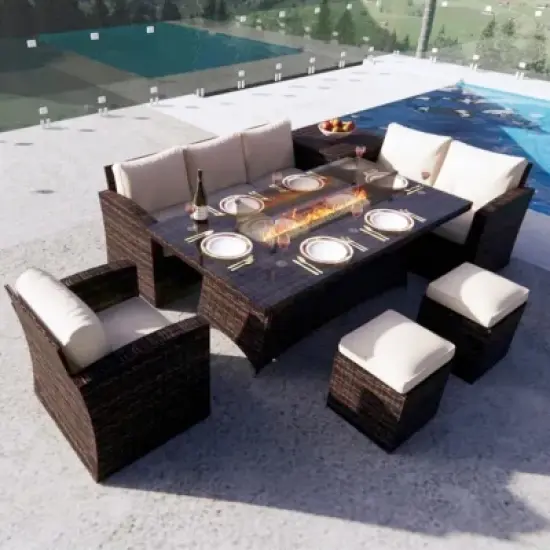Moda Furnishings 6 - Person Wicker Patio Dining Set with Rectangular Table, Cushions Included image {8}