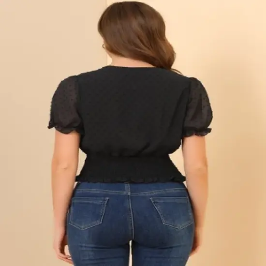 Allegra K Women's V Neck Short Puff Sleeve Swiss Dots Smocked Waist Summer Blouse image {4}