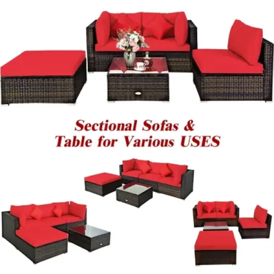 Tangkula 5PCS Rattan Sectional Sofa Set Patio Furniture Set w/ Red Cushion Pillow image {5}