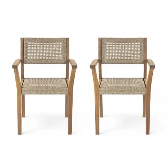 2pc Outdoor Dining Chairs, Solid Acacia Wood Frame with Wicker Backrest, Weather-Resistant Patio Seating for Garden or Deck - Coolbibila image {1}