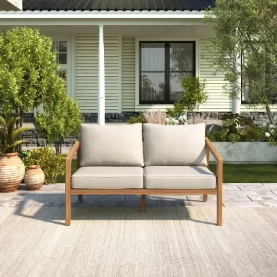 Outdoor Acacia Wood Side Loveseat,Fabric Upholstered Armrests Sofa With Solid Wood Frame,Slatted Backrest Patio Sofa Chair-Coolbibila image {7}