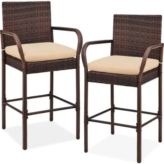 Best Choice Products Set of 2 Wicker Bar Stools w/ Cushion, Footrests, Armrests for Patio, Pool, Deck image {7}