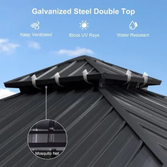 PURPLE LEAF Permanent Hardtop Gazebo Aluminum Frame Gazebo with Galvanized Steel Double Roof, UV-Resistant, Netting & Curtains included - Grey image {3}