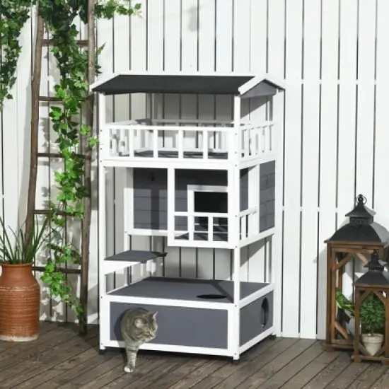 PawHut Wooden Outdoor Cat House, Feral Cat Shelter Kitten Tree with Asphalt Roof, Escape Doors, Condo, Jumping Platform image {1}