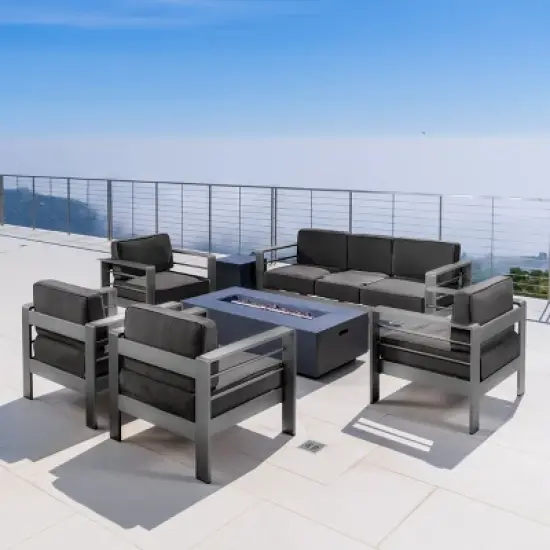 Christopher Knight Home Cape Coral Outdoor Aluminum 7 Seater Sofa Chat Set with Fire Pit image {13}