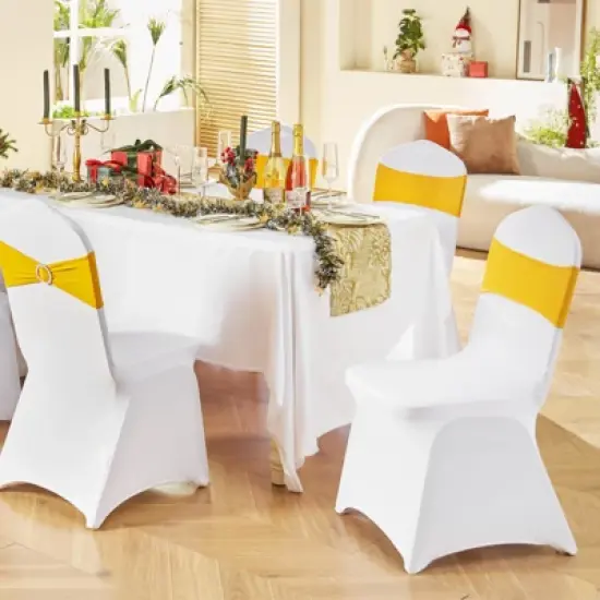 VEVOR Stretch Spandex Folding Chair Covers, Universal Fitted Chair Cover with Chair Sashes, Removable Washable Protective Slipcovers, Gold & White image {1}