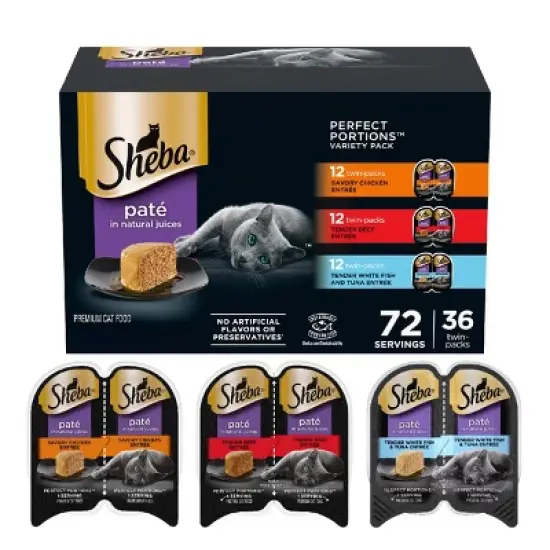 Sheba Perfect Portions Pate Fish, Seafood, Tuna, Beef and Chicken Flavor Variety Pack Wet Cat Food - 2.6oz/36ct image {14}