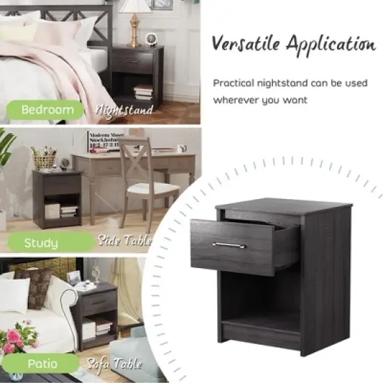 Costway 2PCS Nightstand with Drawer Storage Shelf Wooden End Side Table Bedroom Brown / Black / Natiral image {6}