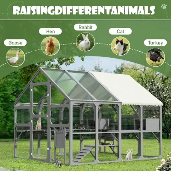 SEVOBAL Large Catio Outdoor Cat Enclosure Pet Crate Multiple Kittens Cat House Walk in Kitty Cage Kennel Sunshine Board Roof, Gray, 96.1"*74.2"*74.4" image {2}