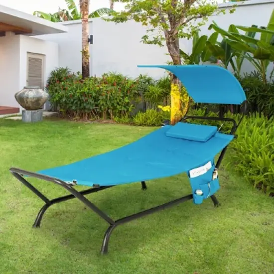 Costway Patio Hanging Chaise Lounge Chair with Canopy, Cushion, Pillow & Storage Bag Blue/Beige/Brown image {11}